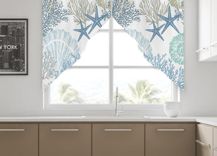 Swag Curtain Valances Nautical Coastal Ocean Coral Swag Valances for Kitchen Windows Beach Blue Teal Short Topper Curtains Tier Pair for Kitchen Bedroom Living Room Bathroom Cafe 36"x63"