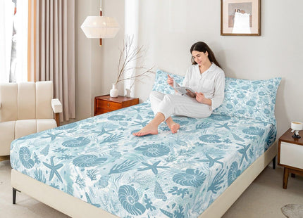 Seashell Conch Starfish Coral Fitted Sheet Queen Size,Coastal Ocean Beach Bedding Set 3Pcs,Underwater Life Print Bed Sheet Navy Blue Tie Dye Deep Pocket Sheet for Kids Teens Adult Bedroom Decor