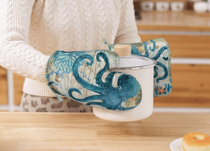 Octopus Nautical Retro Ocean Oven Mitts And Pot Holders Sets, 4pcs Silicone Non-Slip Kitchen Mitts Potholders Heat Resistant Bbq Gloves Hot Pads For Cooking Grilling Baking Microwave Chef Gifts Decor