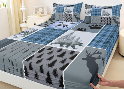 Rustic Farmhouse Sheet Set Queen, Retro Cabin Lodge Fitted Sheet Country Bear Deer Bed Sheets For Kids Teens Adult Men, Hunting Wild Animal Plaid Checkered Flat Sheet 4Pcs With 2 Pillow Cases,Blue