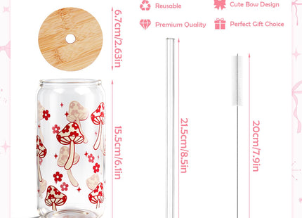 Coquette Cute Glass Cup with Lids and Straws 18OZ Mushroom Iced Coffee Cup
