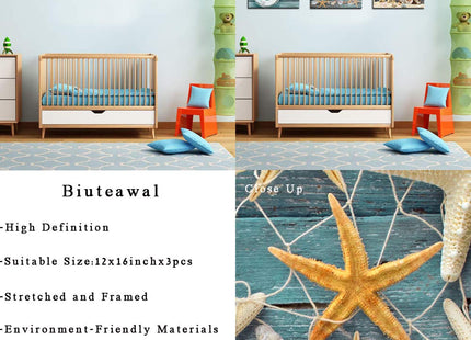 Biuteawal- 3 Piece Canvas Wall Art Starfish Shell on Teal Board Painting Prints Beach Nature Picture Canvas Artwork for Home Kitchen Bathroom Living Room Wall Decor Ready to Hang