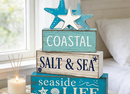 4 Pcs Summer Beach Table Decor Starfish & Seashell Coastal Nautical Wooden Block Signs, Rustic Farmhouse Tiered Tray Decorations for Home Bathroom Office Desk Shelf Mantel