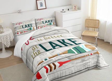 Castle Fairy Green Oar Comforter for Kids Boys Girls Lake Boating All Season Cozy Comforter Set Full Size Rustic Style Wooden Stripes Duvet Set Home Decor，2 Pillowcases