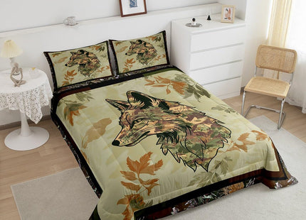 Wolf Bedding Set Twin For Boys Woodland Camo Hunting Comforter Set Army Green Tree Branches Camouflage Wild Animal Quilt Comforter For Adults Men,Botanical Leaves Rustic Duvet 1 Pillow Case