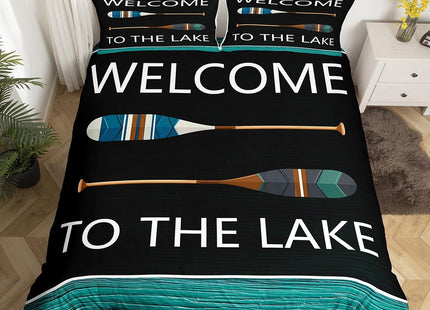 Lake Theme Duvet Cover Queen Size,Lake Paddles Comforter Cover with 2 Pillowcase for Teens Adults,Kids Rustic Wooden Barn Bedding Set,Navy and Green Breathable 3 Pcs Decorative Bed Cover(No Comforter)
