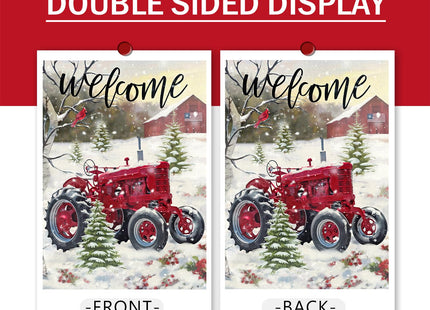 Furiaz Welcome Winter Red Tractor Large House Flag, Pine Tree Cardinal Red
