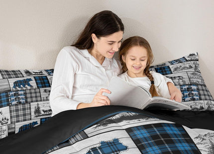 Hunting Wolf Bear Deer Moose Comforter Set For Kids Boys Retro Blue Black Grey Plaid Buffalo Plaid Lodge Quilt Comforter Full Rustic Farmhouse Cabin Bedding Set Woodland Animal Duvet Set 3 Pcs