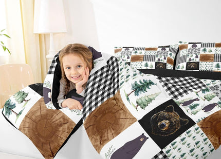 Kids Rustic Black Bear Comforter Set Twin Woodland Animal Bedding Set For Boys Teen Men,Patchwork Black White Grey Buffalo Plaid Comforter Farmhouse Wooden Pine Tree Bear Paw Quilt Duvet 2 Pcs