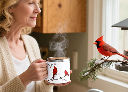 Qtencas Cardinal Gifts for Women, Cardinal Gifts, Northern Cardinalis Red 14 Oz Insulated Mug, Christmas Coffee Mug, Red Cardinals Gift for Cardinalis, Bird lovers, White