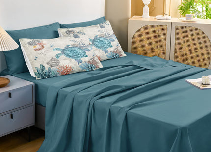 Bedding_Dreamer Turtle Comforter Set Ocean Turtle Bed in a Bag 8 Pieces Coastal Beach Themed Bedding with 1 Comforter, 1 Flat Sheet, 1 Fitted Sheet, 4 Pillowcases, 1 Cushion Cover (King, Turtle)