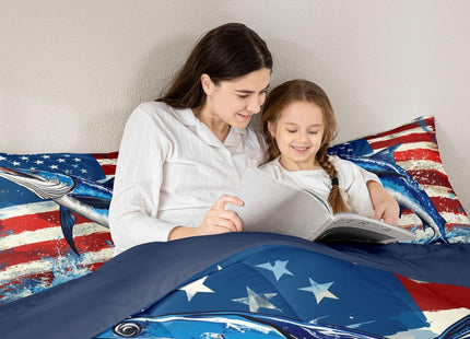 Marlin Swordfish Comforter Set Boys American Flag Bedding Set, Hunting and Fishing Comforter for Kids Teens Adult Bedroom Marine Life Ocean Animal Down Comforter with 1 Pillow Case, Blue Red, Twin