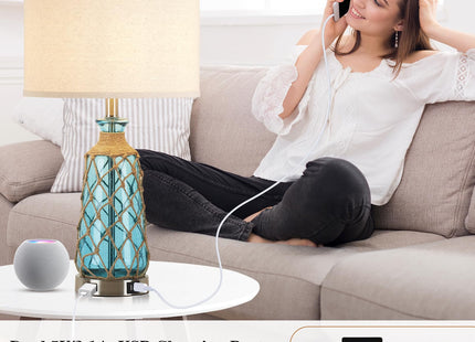 Ruzectt 25.5" Coastal Glass Table Lamps Set of 2, 3-Way Dimmable Touch Control Bedside Lamps with 2 USB Ports and AC Outlet, Blue Nautical Nightstand Lamps for Bedroom Living Room (LED Bulbs Included)