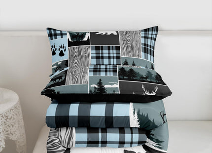 Plaid Bear Cabin Comforter Set, Rustic Farmhouse Camper Bedding Set Full, Gray Blue Hunting Christmas Deer Duvet Insert Woodland Lodge Wild Animal Quilt Sets For Kids Boys Teens Adult Bedroom