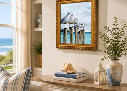 Gold Framed Seagull Canvas Wall Art Coastal Sea Birds Paintings Pictures Wall Decor Teal Ocean Beach posters prints Artwork for Living Room Bedroom Bathroom Home Decoration 9x11in