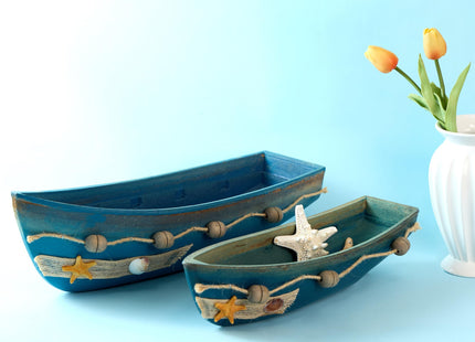 Konjouror Wooden Boat Tray Display, 2 Pack Blue Boat Model Decoration, Nautical Beach Ocean Decor