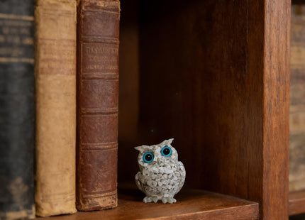 PinpinPony Owl Statue, Natural Gemstones Decor for Home Office, Shelf Display Figurine, Handcrafted Unique Owl Sculpture(White)