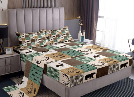 Rustic Patchwork Sheet Set, Bear Moose Fitted Sheet Twin For Kids Boys Teens Adult, Farmhouse Hunting Deer Bed Sheet Boho Arrows Buffalo Plaid Flat Sheet 3 Pieces With 1 Pillow Case, Brown Green