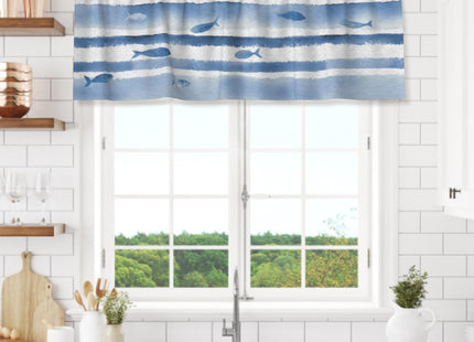 Granbey Nautical Coastal Valances for Windows Blue and White Striped Kitchen Curtain Fish Aquatic Print Beach Themed Window Valance with Rod Pocket Light Filtering 54 x 18 Inch, 1 Pack