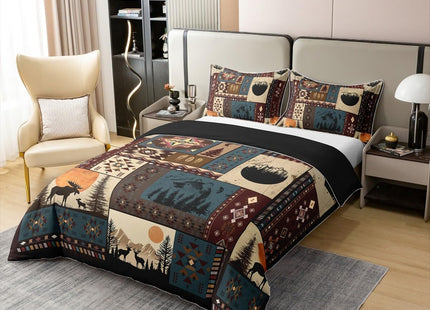 100% Cotton Bohemian Deer Comforter Cover Queen, Bear Wildlife Hunting Theme Duvet Cover, Cabin Decor Buffalo Plaid Grid Bedding Set for Kids Teens, Retro Xmas Pine Tree Geometric Quilt Cover, 3Pcs