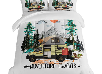 HOSIMA Kids Camper Bedding Set Twin Size,Farmhouse Rustic Happy Camping Comforter for Girls Boys,Sunset Forest Takayama Aesthetic Bedding,Outdoor Camping Themed Comforter Set with 2 Pillowcases.
