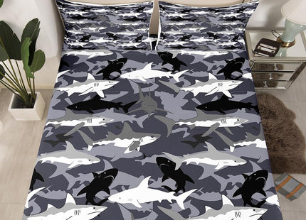 Erosebridal Boys Camo Sharks Bed Sheets Queen,Kids Black White Grey Camouflage Sheet Set Deep Ocean Animal Bedding Set,Soft Microfiber Cool Wildlife Fitted Sheet + Flat Sheet + 2 Pillow Cases