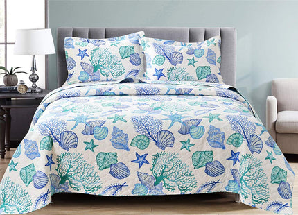 Junsey 3 Piece Quilts Twin Size Ocean Theme,Lightweight Coastal Beach Theme Bedding Seashell Conch Starfish Bedspread Ocean Creature Coverlet with 2 Pillowshams