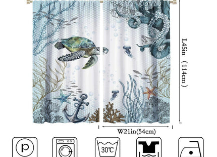 JanJCurt Sea Turtle Curtains, Blue Teal Ocean Octopus Underwater Animal Seashell Jellyfish Coastal Fish Nautical Print Window Curtains for Kitchen Bedroom Living Room, 42x45 Inch (No Blackout)