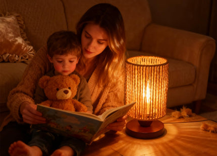Handmade Rattan Lamp Boho Table Lamp for Bedroom, Small Woven Lamps for Night Stands with Warm White LED Bulb, Coastal Boho Lamp for Living Room Reading Nook Office Desk, 12cm Shade 20cm Height