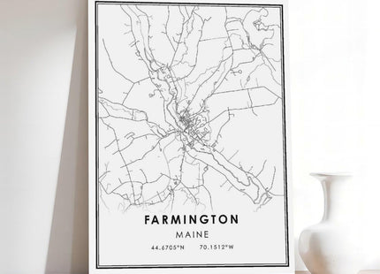 QJWZZong Farmington Maine Map Black And White Lines Minimalist City Topography Canvas Posters Wall Art Bedroom Office Room Decor Gift Frame 12" L X 18" W