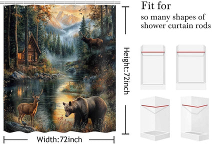 Dizifinn Rustic Shower Curain, Country Cabin Woodland Bear Moose Deer Bathroom Accessories, Farmhouse Hunting Camp Fabric Shower Curtains for Bathroom Decor, with Hooks 72x72 Inch