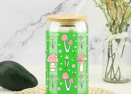 Mushroom Glass Cup with Bamboo Lids Straws, 16oz Retro Hippie Tumbler