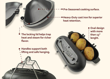 SmithEra Cast Iron Potato Baker with Lid for Grill, Oven & Campfire