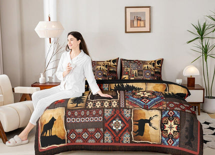 Erosebridal 7 Piece Rustic Cabin Plaid Comforter Set Queen,Rustic Farmhouse Aztec Bedding Sets For Kids Teens Men,Retro Hunting Wild Animals Bed in a Bag With Sheets,Country Woodland Pine Tree Bed Set