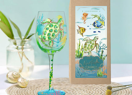NymphFable Sea Turtle Hand-Painted Wine Glass Gift for Ocean Lovers, 15 oz