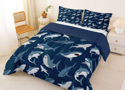 Boys Shark Bedding Set Ocean Sealife Comforter Set for Kids Youth Teens,Under Sea Marine Life Duvet Insert,Underwater World Creature Bed Quilt,Nautical Sea Animal Bedroom Decor Full Size Navy Blue