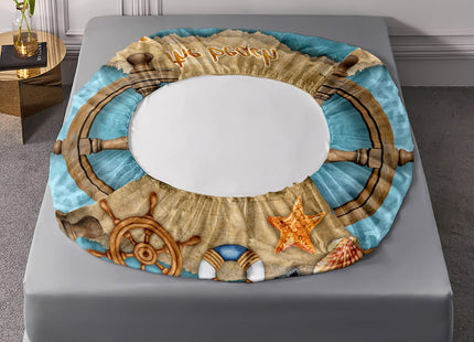 HOSIMA Sea Turtle Twin Sheet Set, Lighthouse Rudder Starfish Shell Pattern Nautical Theme Bedding, Vintage Blue Ocean Kids Fitted Sheet Sets, Brown-Blue