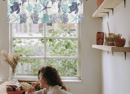 RisQiten Teal Blue Coastal Valances for Windows, Summer Beach Kitchen Curtains Window Treatment Nautical Decor, Sea Turtle Coral Ocean Rod Pocket Short Window Valances for Living Room/Bedroom, 54"x18"