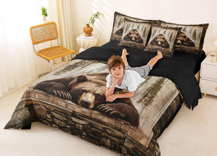Feelyou Bear Comforter Set with Sheets 7 Piece Twin Size Wild Animal Hunting Bed in a Bag Kids Boys Girls Western Cabin Bedding Set Rustic Country Farmhouse Bedroom Decor Retro Breathable