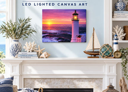 BANBERRY DESIGNS Lighted Lighthouse Canvas Wall Art with LED Lights – Nautical Beach Sunset Ocean Decor – Coastal Lighthouse Picture for Living Room, Bedroom & Bathroom – 16” x 12” – Battery Operated