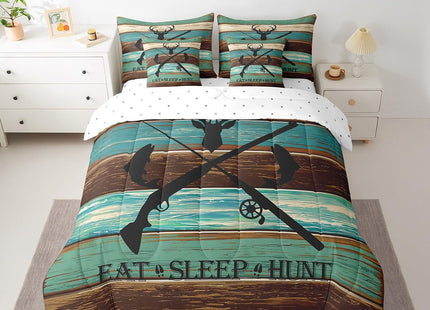 Deer Fish Animal Kids Comforter Set 7 Piece Twin Size,Wildlife Hunting Theme Lodge Decor Reversible Quilt Set,Rustic Farmhouse Wooden Board Barn Bedding Set with Comforter,Sheet,Pillowcase