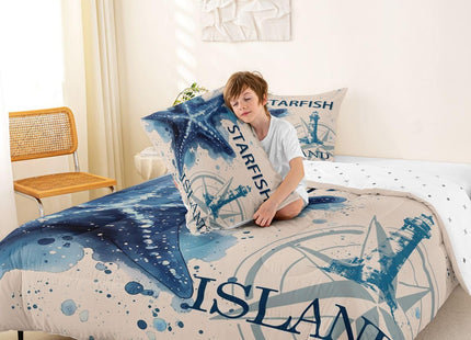Feelyou Kids Starfish Beach Comforter Set Coastal Beach Ocean Bedding Set for Boys Teens Decor Teal Blue Comforter Ocean Marine Duvet Set Bedroom 3Pcs with 2 Pillow Case King Size