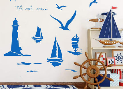 Large Sea Lighthouse Decor Wall Stickers Nautical Wall Decal with Seagulls Boat Wall Decals for Teen Decorations, Bedroom Bathroom Kids Room Nursery Decor