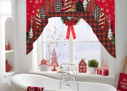 Red Christmas Tree Buffalo Plaid Curtain Valance for Window,Farmhouse Swag Curtains,Snowy Forest Farmhouse Valance for Kitchen Bathroom Bedroom,Rod Pocket Window Valance Curtains Over Sink 56"W x 36"L