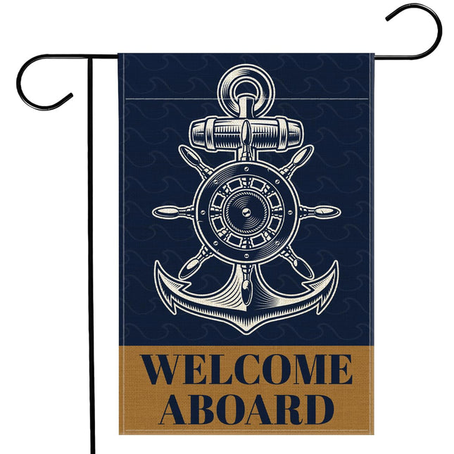 Nautical Welcome Aboard Garden Flag 12x18 Inches - Boat Garden Flag Double Sided Decor for Coastal Lake House Outside Porch House Yard Cruise Ship Decoration