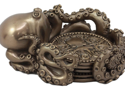 Ebros Bronze Finish Resin Nautical Giant Kraken Octopus Coaster Holder Figurine with 4 Round Coasters Table Decor Set Mythical Fantasy Statue