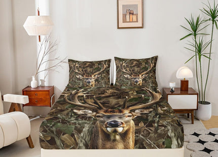 Camo Deer Kids Sheet Queen Size,Dead Branches Wild Animals Hunting Bedding Set,Boys Girls Adults Room Decor,Rustic Farmhouse Camouflage Brown Retro Bed Sheet Set 4pcs(Fitted + Flat + 2 Pillowcases)