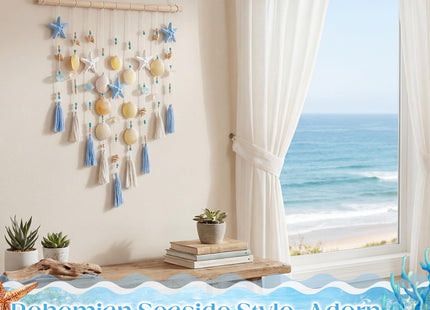 Wenqik Beach Coastal Wall Decor Handmade Ocean Themed 15.75 Inch Boho Wall Art with Starfish Seashells Blue White Beaded Tassel Hanging on Wooden Rod for Farmhouse Bathroom Bedroom Kitchen Dining Room
