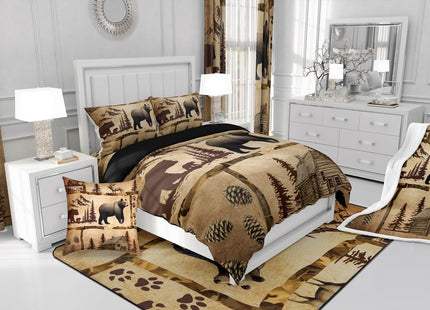 Feelyou Lodge Cabin Comforter Set Toddler Size Gray Bear Pine Tree Silhouette Pattern Quilted Duvet with 1 Pillowcases+1 Wild Animal Western Jungle Style Bedding for Teens Adults 2 Pcs