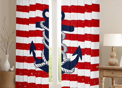 Castle Fairy Red Stripes Window Blackout Curtains,Blue Anchor Curtain,Nautical Theme Window Drapes for Kid Teens Boys Young Man,Modern Bedroom Decorative,Adventure Travel Curtain,42Wx90L